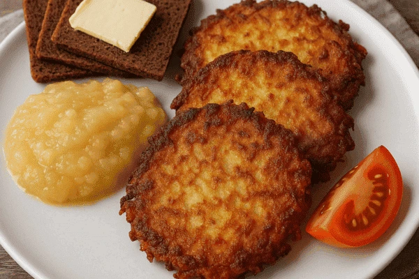 Drei Frische Reibekuchen mit Apfelkompott